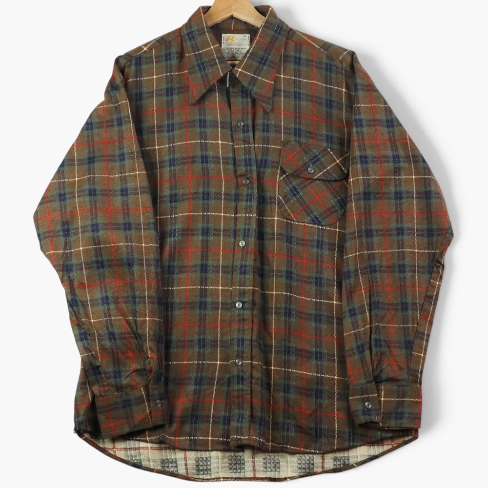 Royal Brit Mens Flannel Shirt XL Brown Vintage 70s Plaid Workwear Grunge Retro